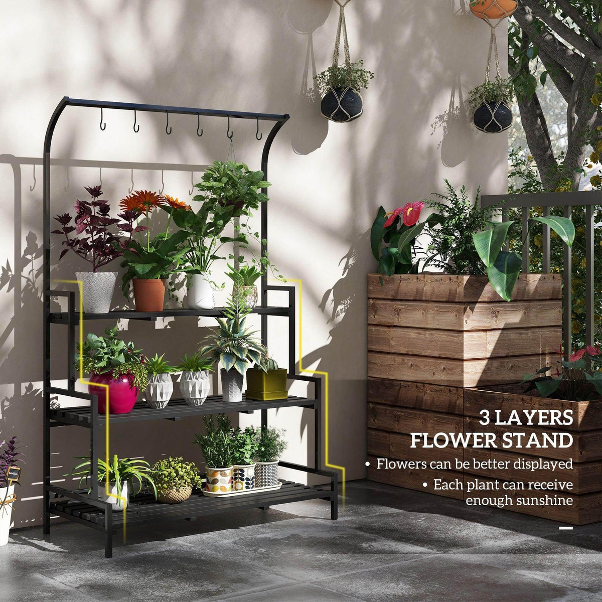 Black 3-tier flower stand with hanging hooks and tiered metal shelves for potted plants