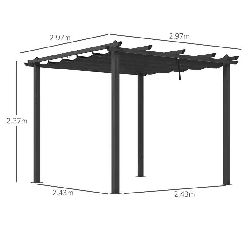 Dark grey retractable pergola canopy frame with labeled dimensions and roof panels