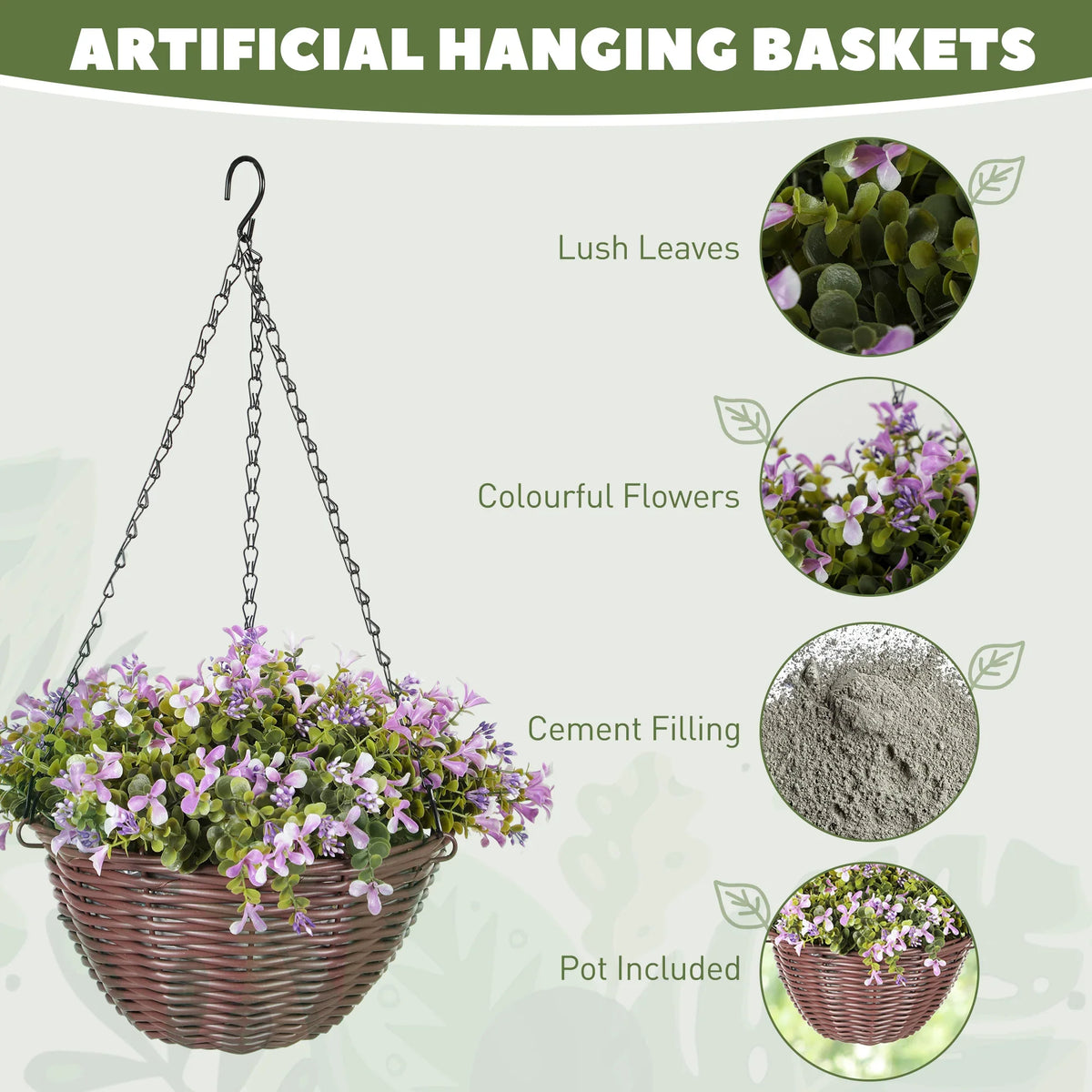 Artificial hanging baskets set with purple flowers and green leaves in woven brown hanging pots
