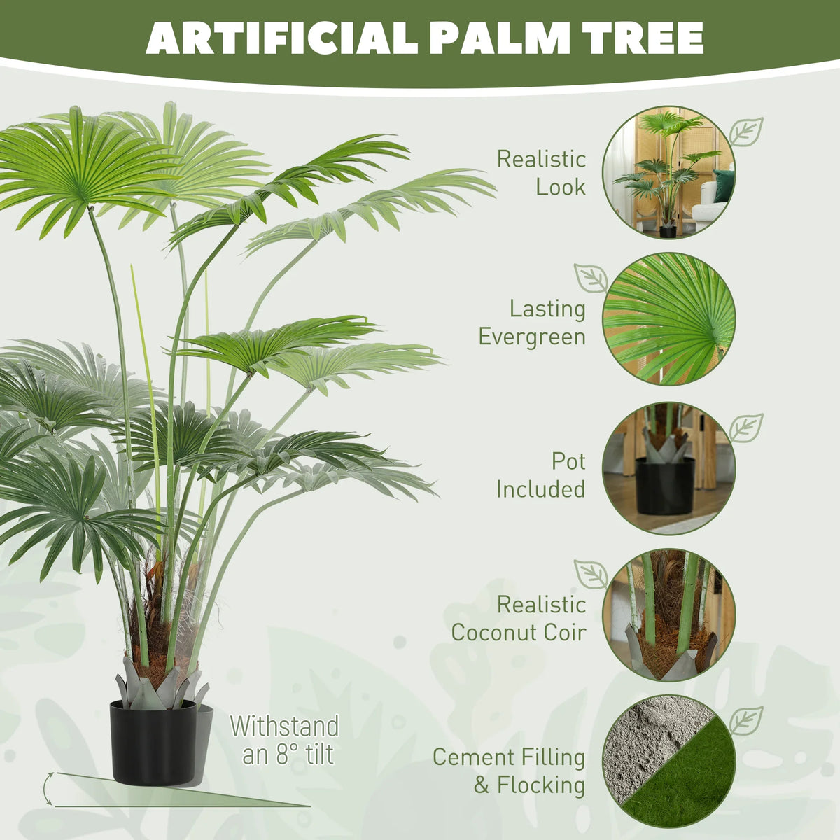Artificial palm tree with green leaves and coconut coir in a black plastic pot