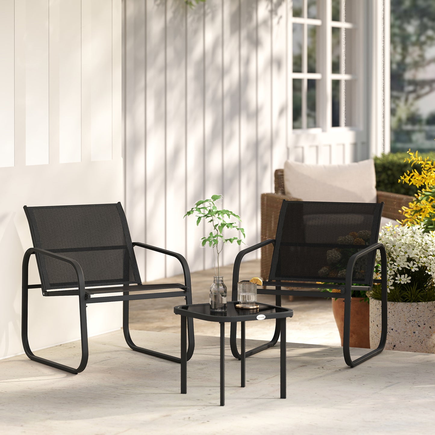 Outsunny Three Piece Garden Seating Set With Square Glass Top Table Two Armchairs Black Powder Coated Steel