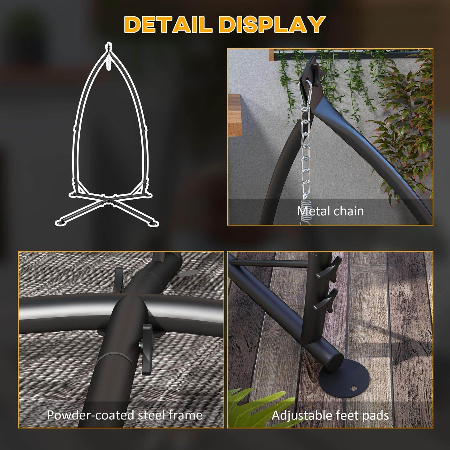 Black powder-coated steel hammock chair stand with hanging chain and adjustable feet pads