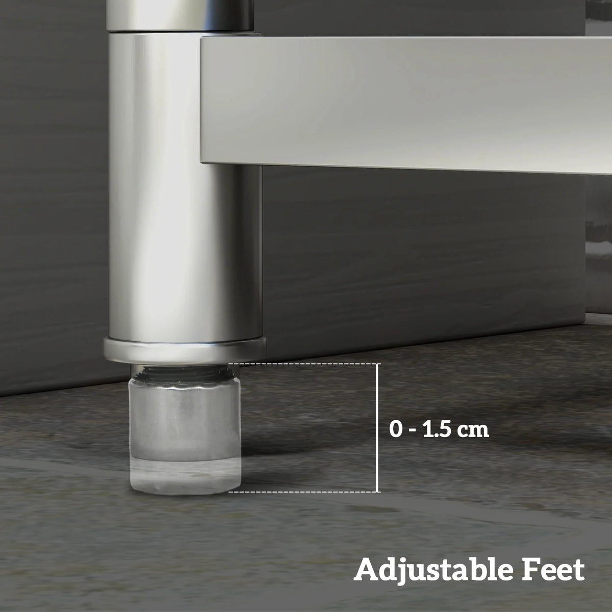 Adjustable feet on freestanding stainless steel sink stand with outlet connection