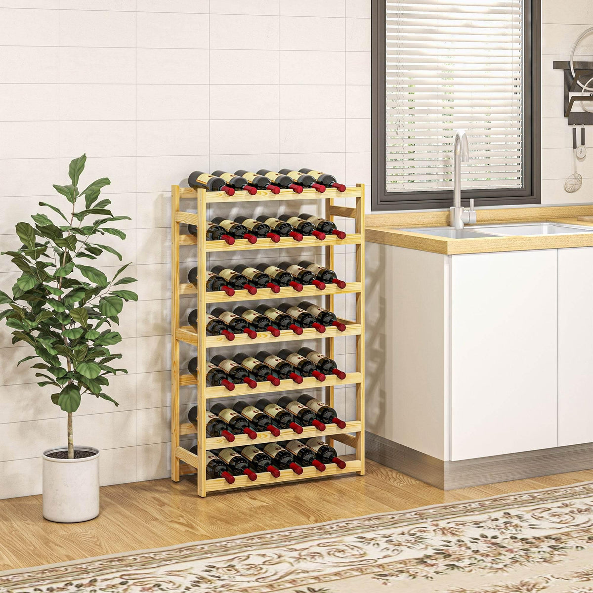Pine wood wine rack holding bottles in horizontal rows with curved wine slots
