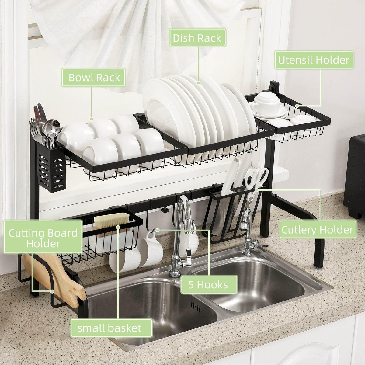 Black over-sink dish rack with bowl rack, utensil holder, cutting board holder, 5 hooks