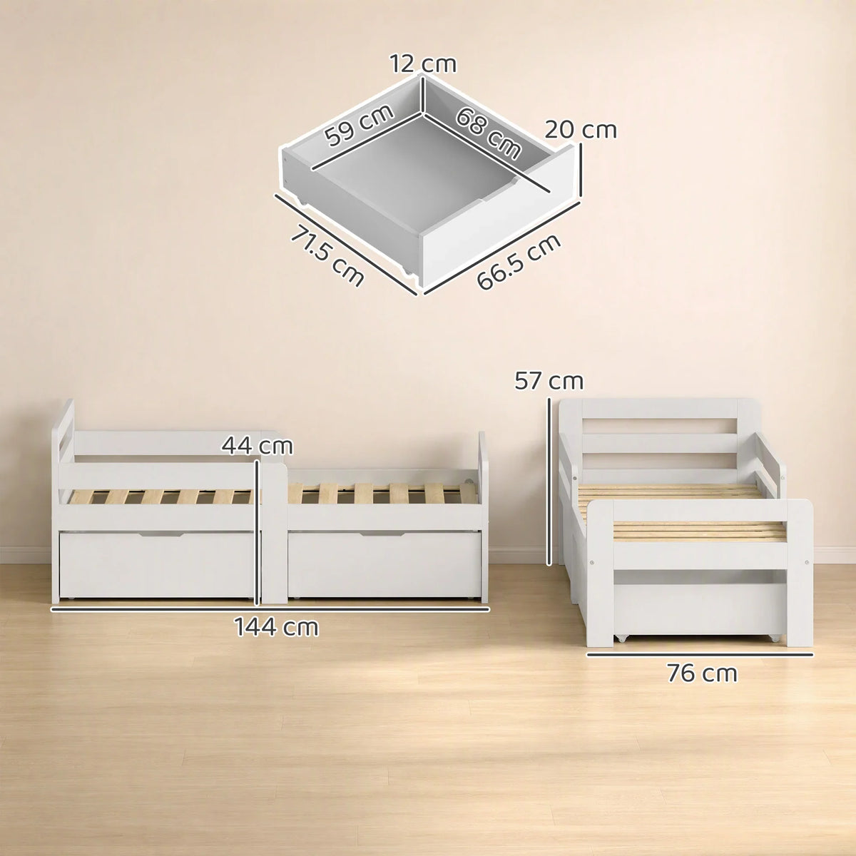 Kids bed frame size diagram with labeled measurements for mattress and drawers