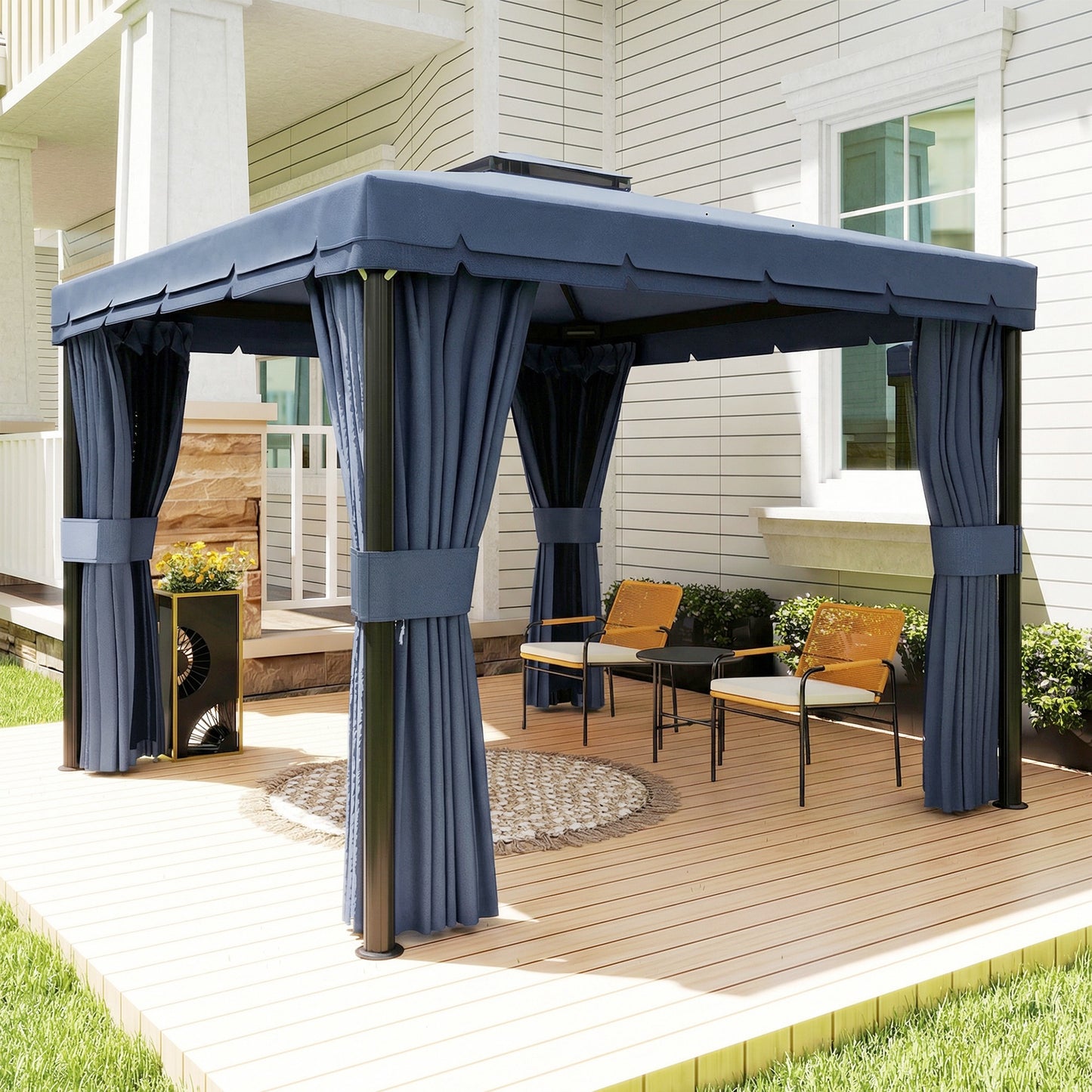 Outsunny 3x3m Patio Gazebo Canopy Garden Pavilion Tent Shelter Marquee With 2 Tier Roof Netting Curtains Dark Blue