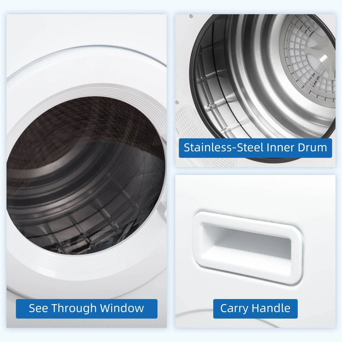 Tumble dryer door with see-through window and stainless-steel inner drum