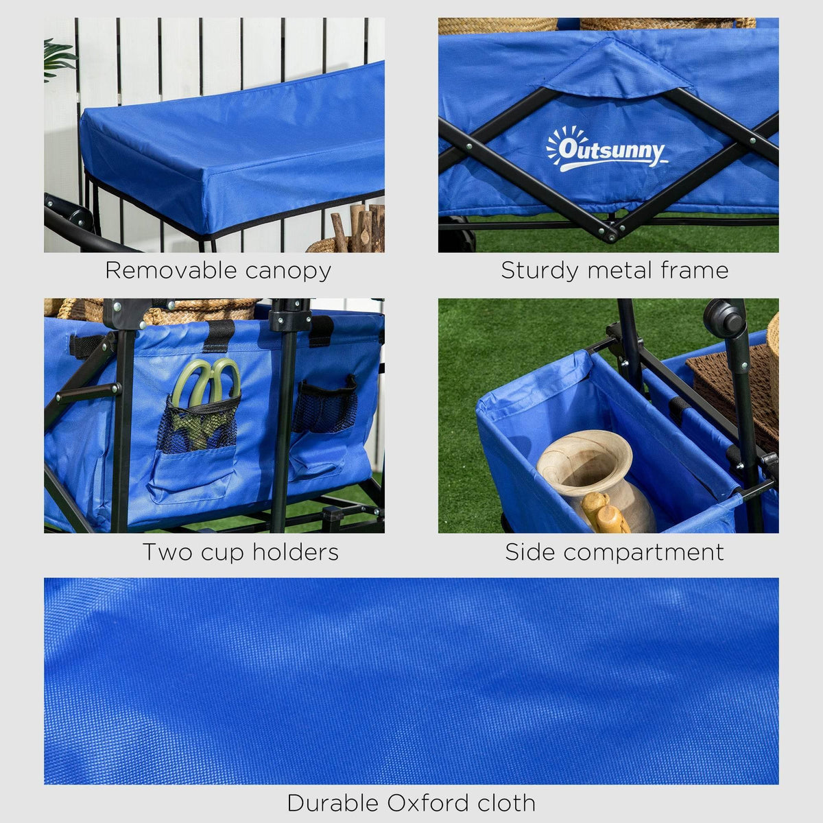 Blue collapsible beach wagon with removable canopy, cup holders, side compartment, oxford cloth