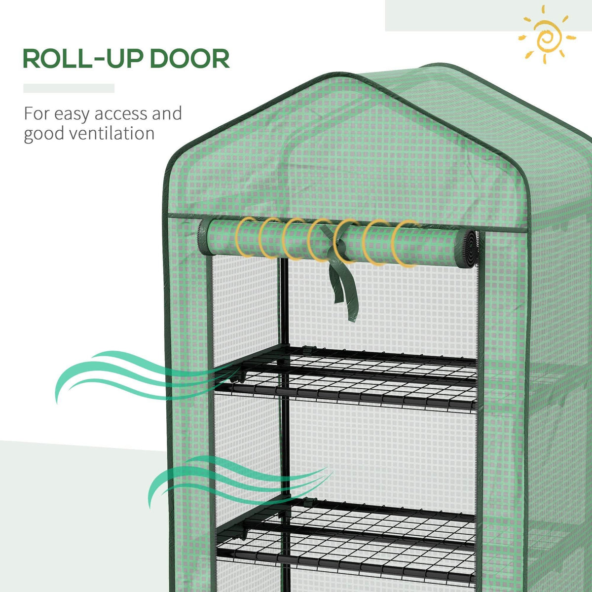 Green greenhouse with roll-up door and three wire shelves inside
