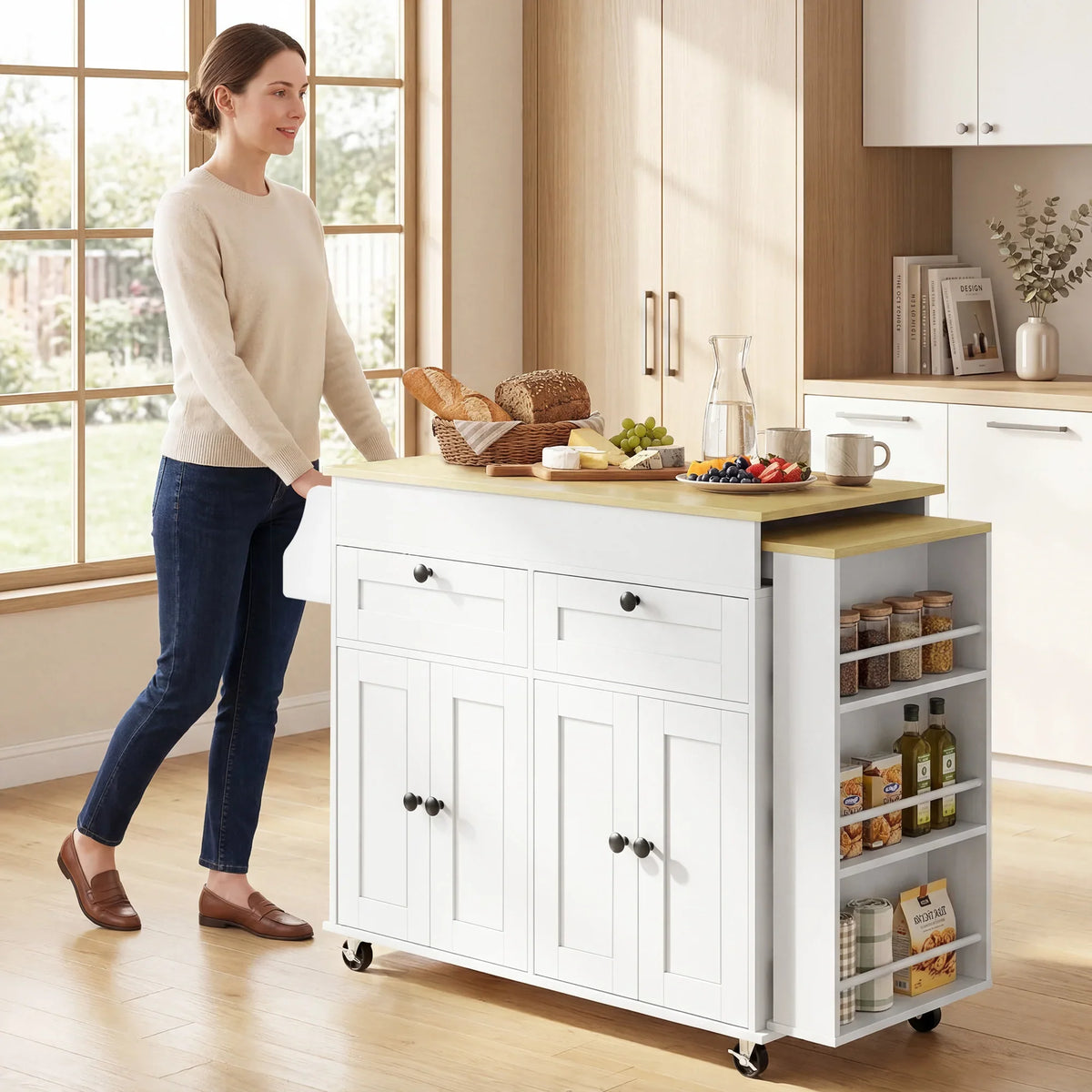 Rolling kitchen island with white cabinet doors, light wood worktop, and pantry shelves on wheels.