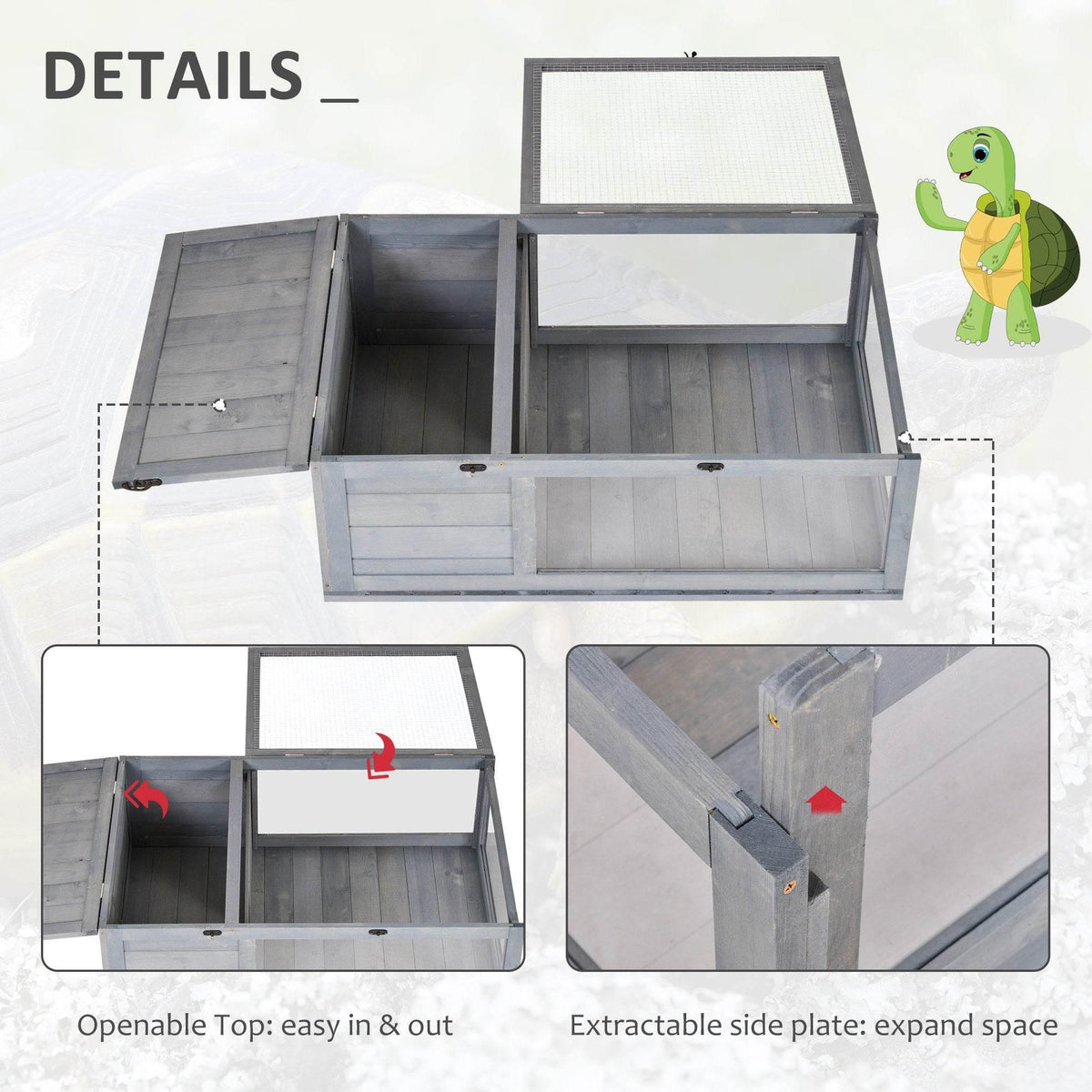 Grey wooden small pet enclosure with hinged top and open side access panels