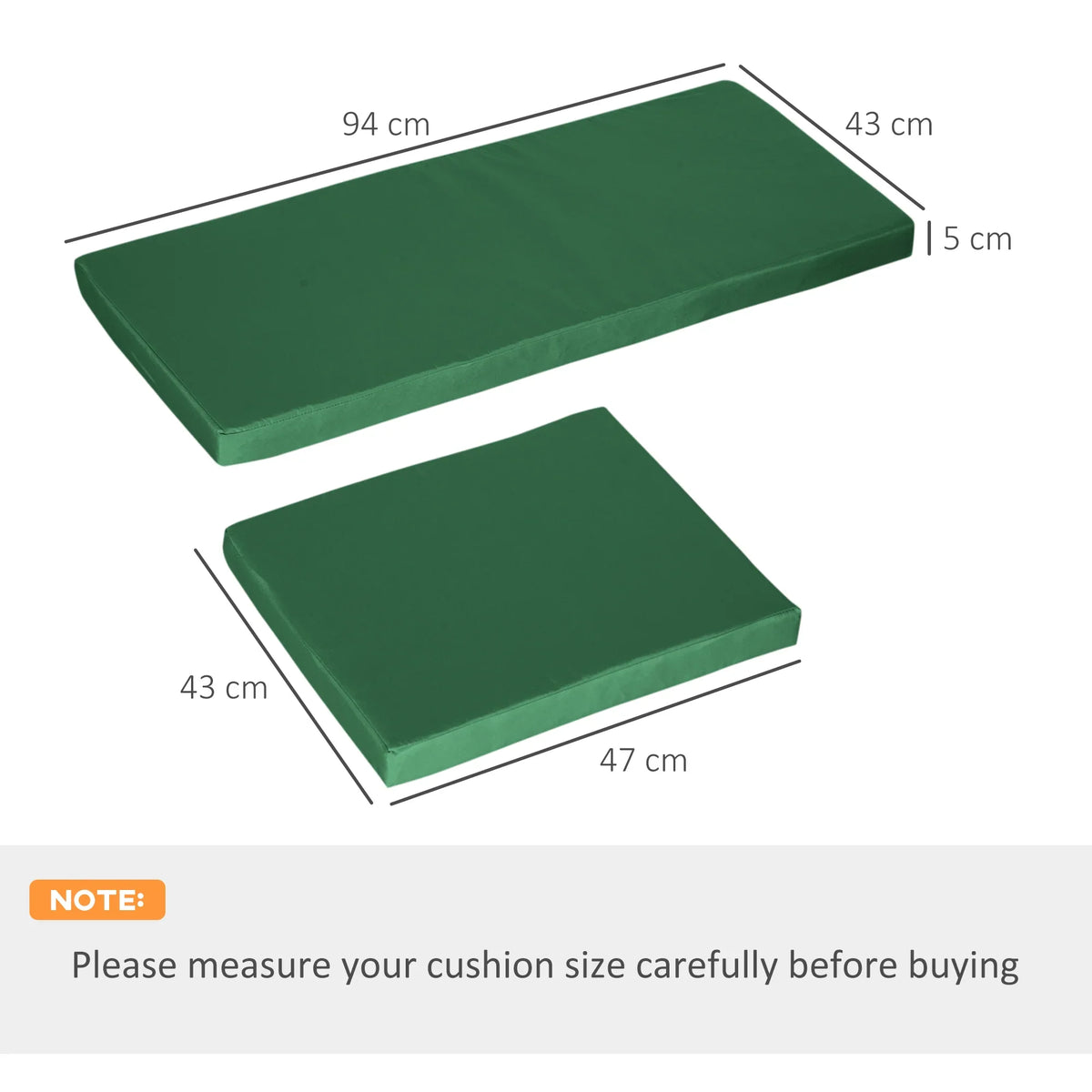 Green outdoor seat cushion pads, 94x43 cm and 47x43 cm rectangular sizes