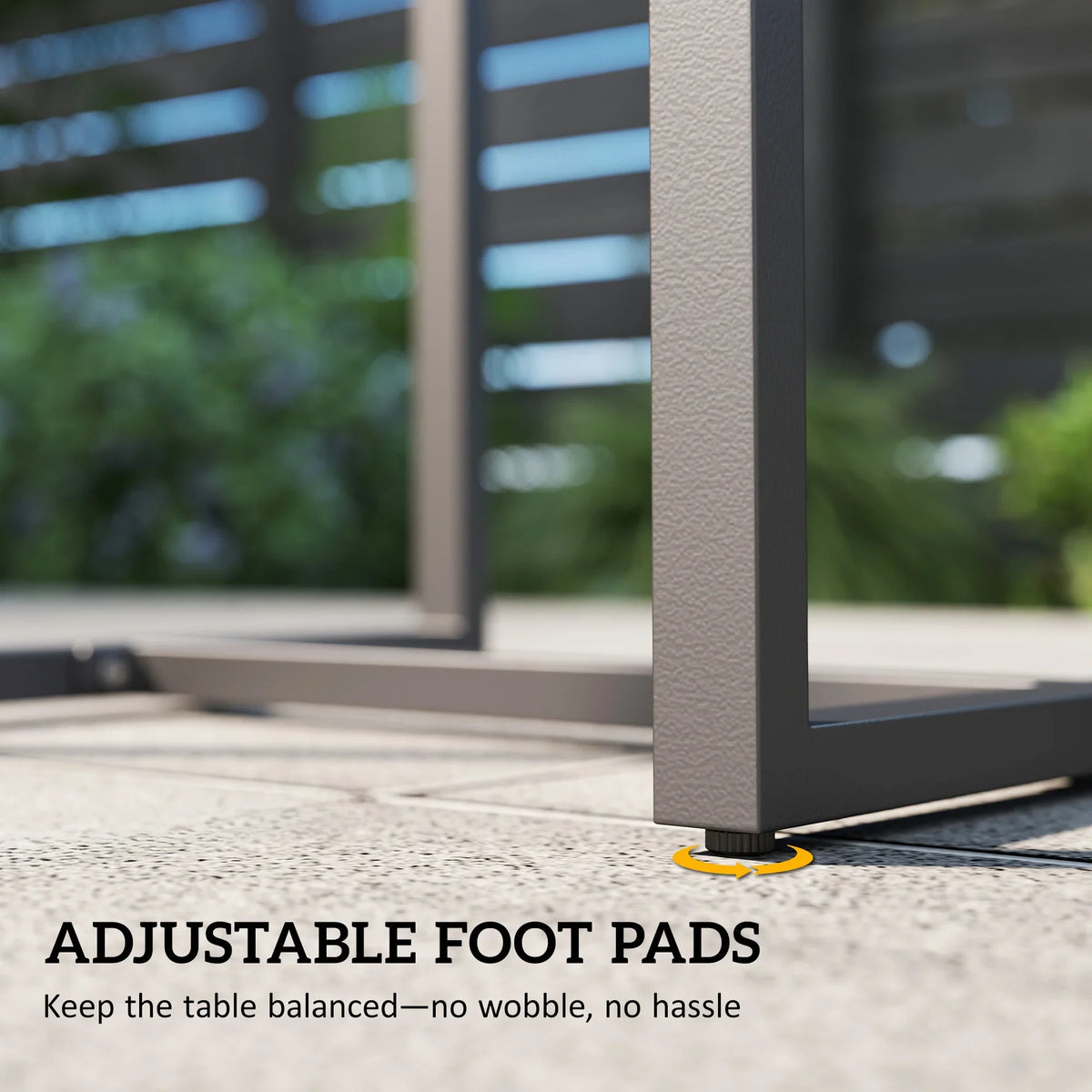 Black table base with adjustable foot pads for stable, wobble-free support