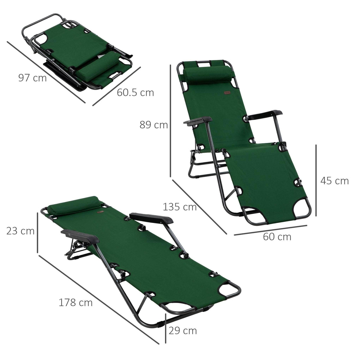 Adjustable folding sun lounger chair in green with removable head pillow and steel frame