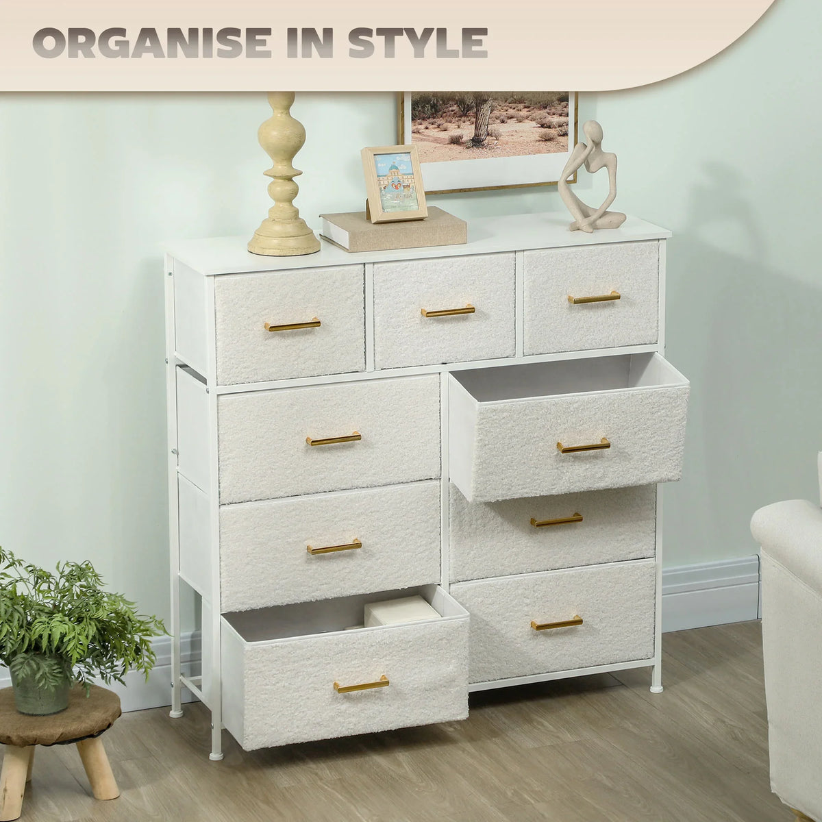 Cream white boucle storage chest of drawers with nine fabric drawers and gold handles