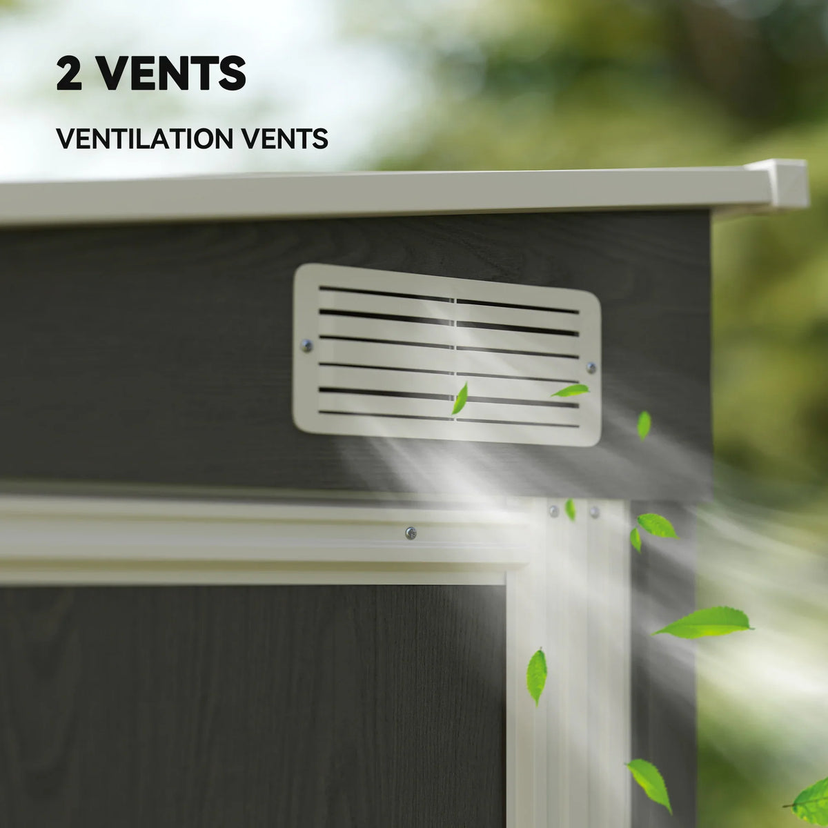 Metal shed ventilation vent panel with two air vents on upper wall