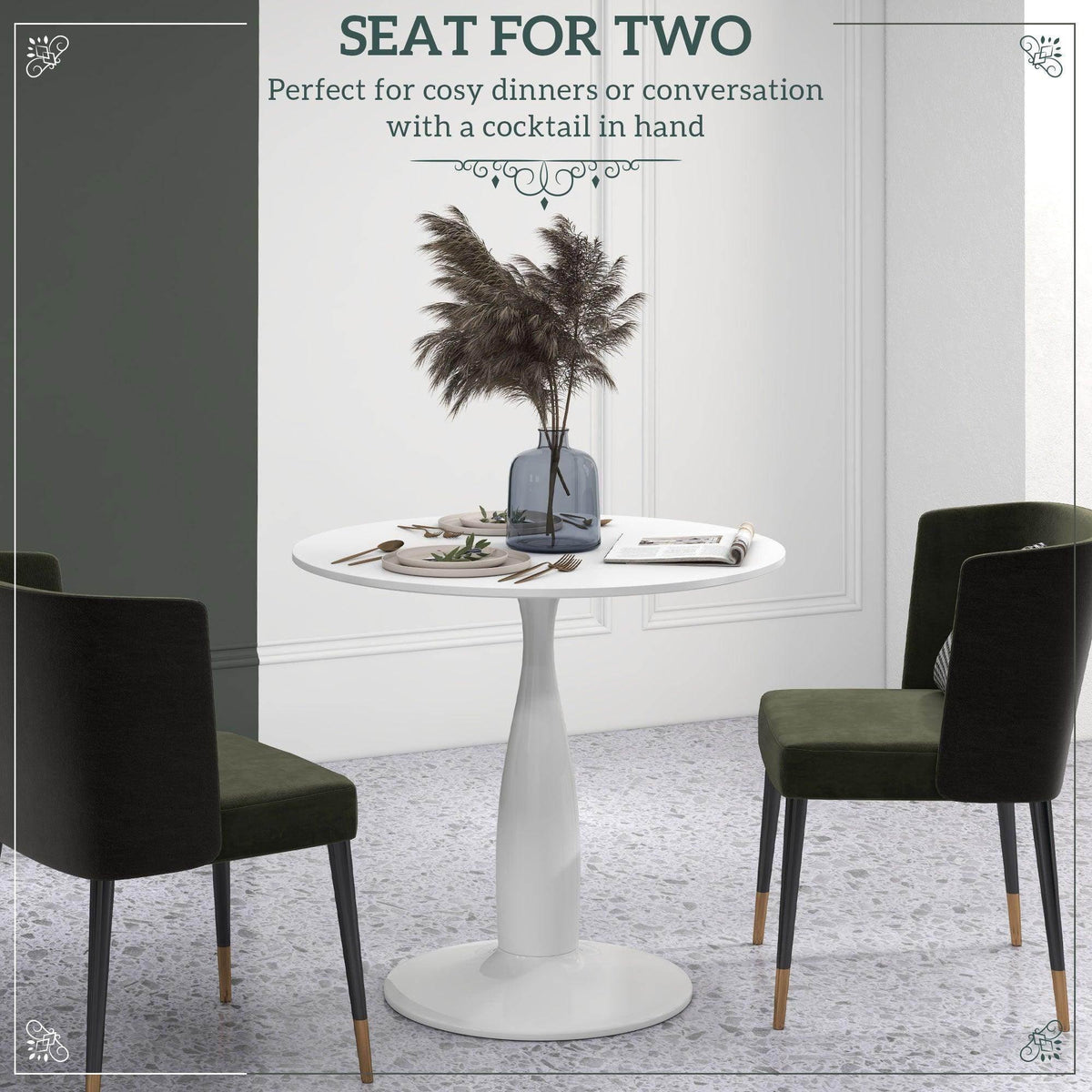 White round pedestal dining table for two with solid base