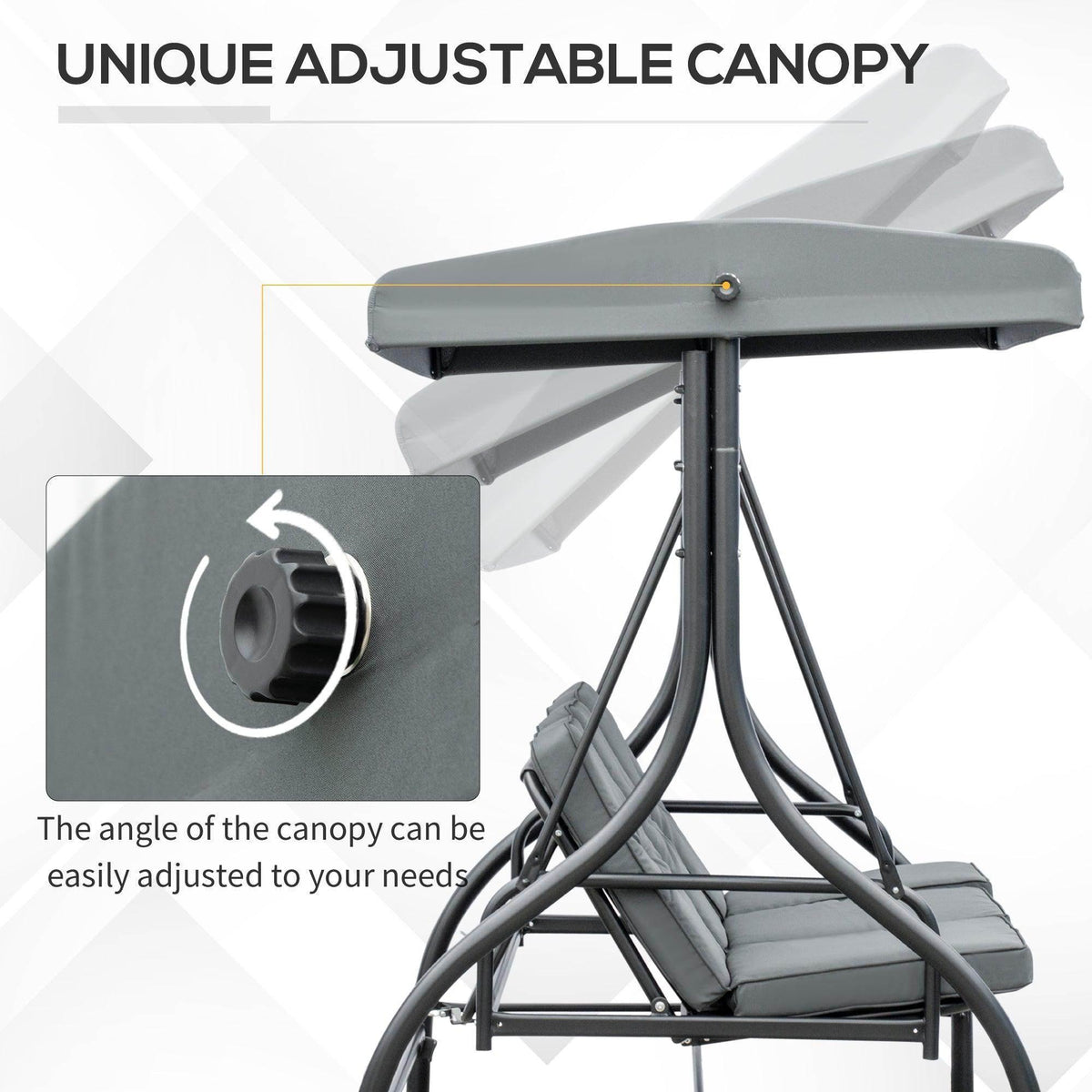 Adjustable canopy dark gray swing chair with cushioned bench and curved frame