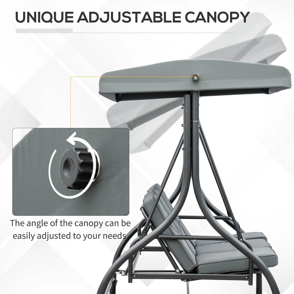Adjustable canopy swing bed in dark grey with tilt knob and padded three-seat base