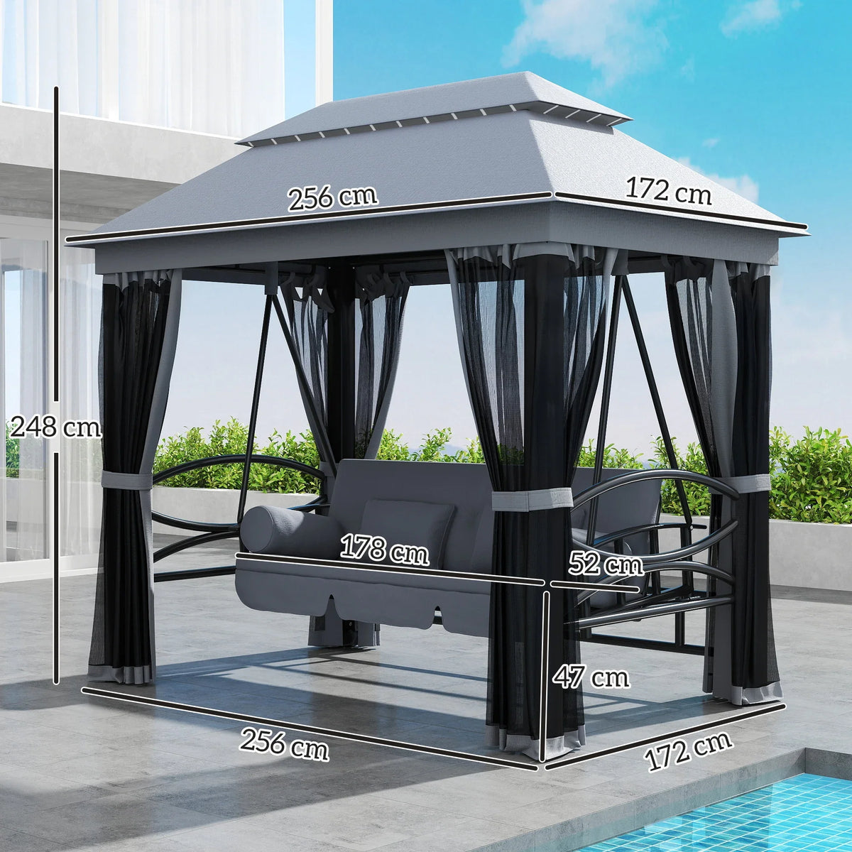 Grey 3-seat swing chair gazebo lounger with cushioned seat, canopy roof, and dark hanging curtains