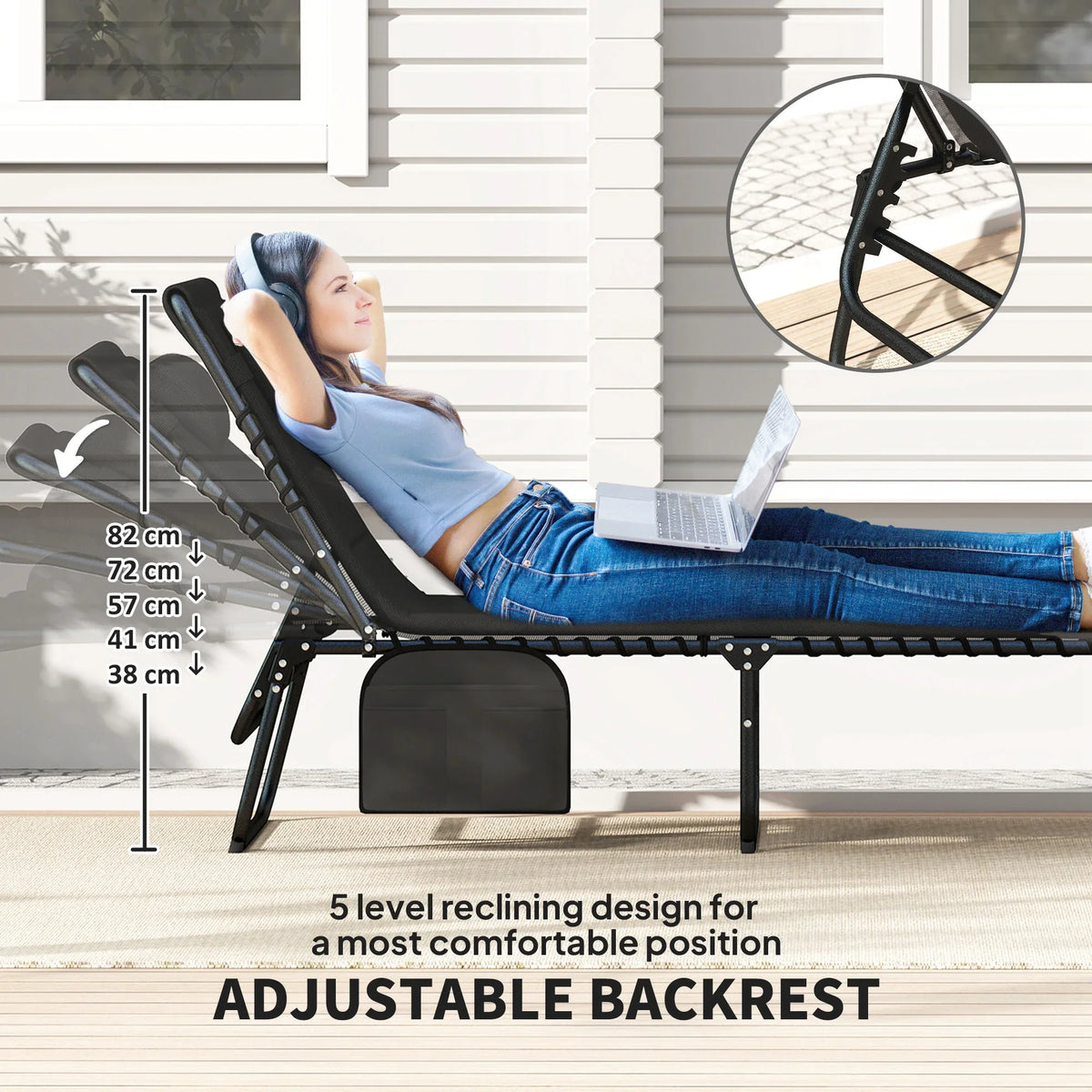 Black adjustable reclining sun lounger with side storage pocket and padded headrest