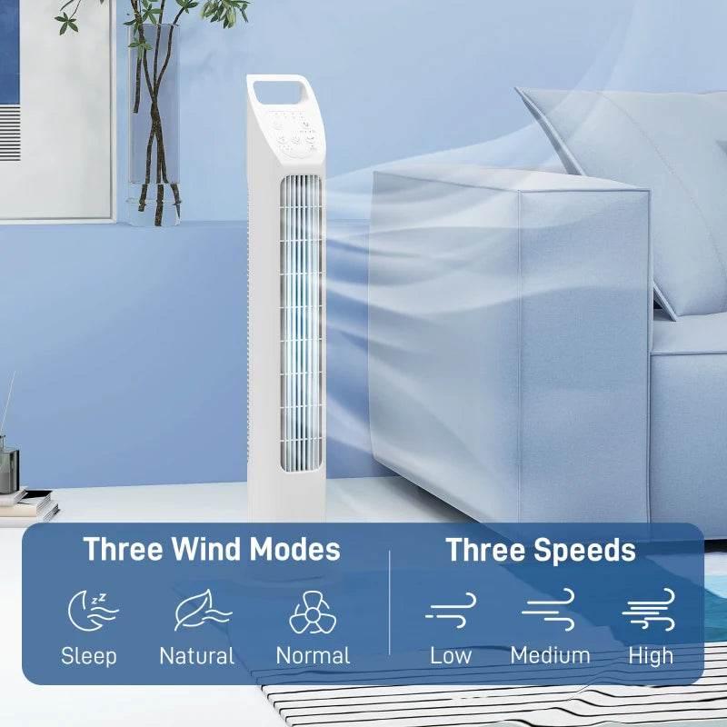 White tower fan with icons for three wind modes and three speed levels