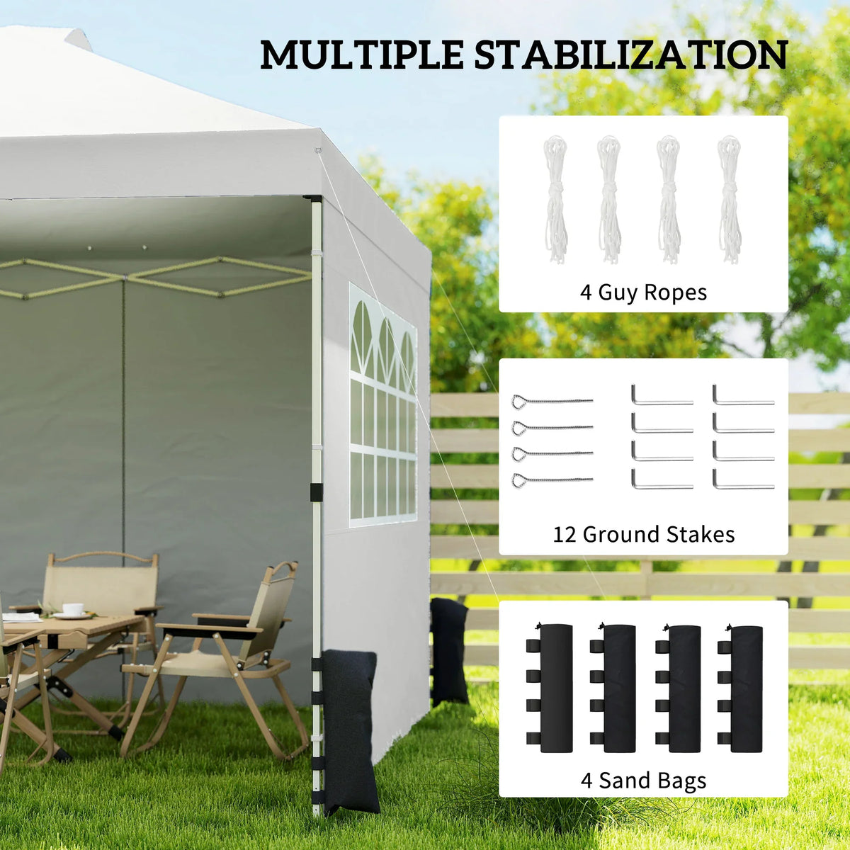 White pop-up gazebo with windowed side panel, support poles, and open canopy frame