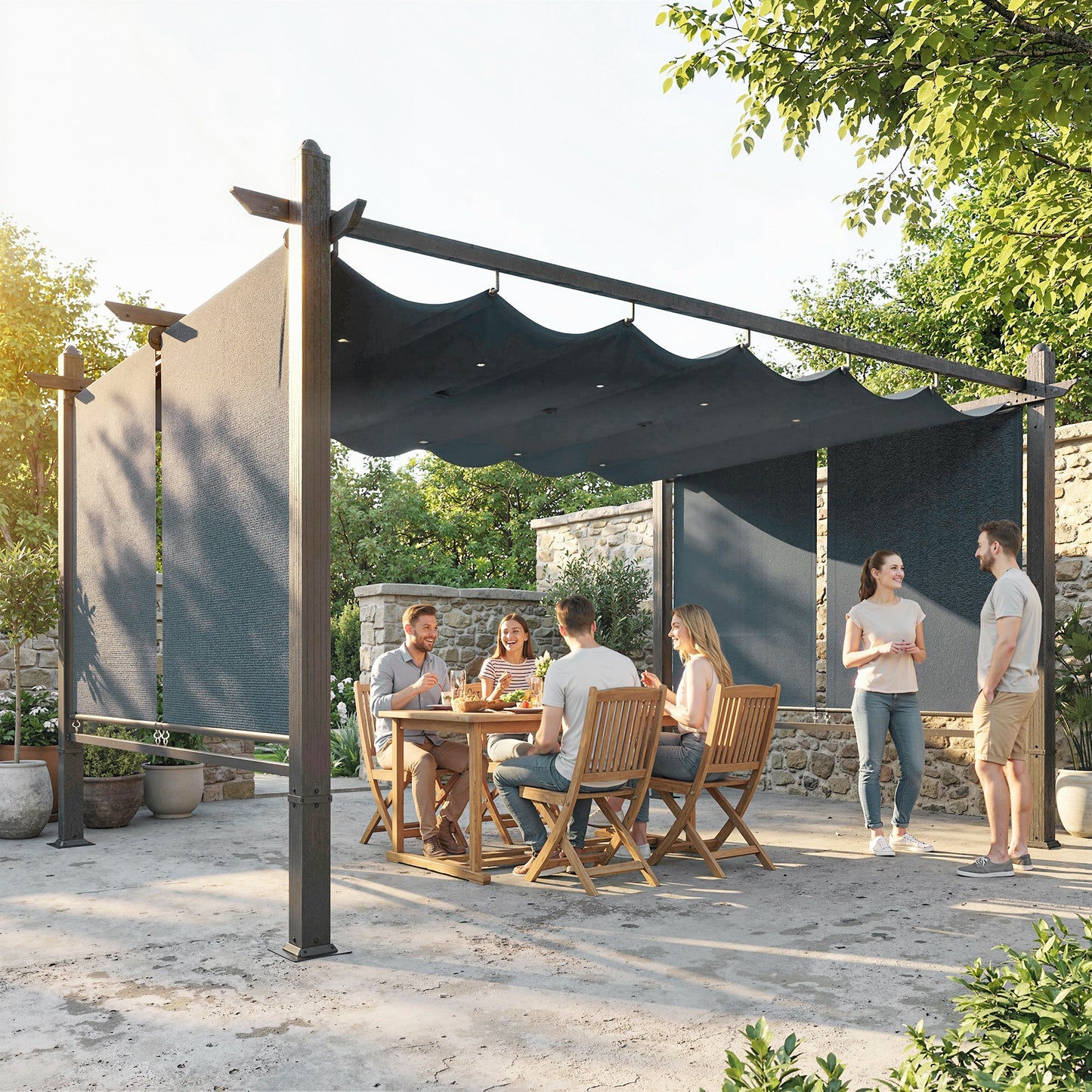 Outsunny 4 x 3 m Garden Pergola With Retractable Roof Canopy And Roll Up Sides Outdoor Gazebo Kit Dark Grey
