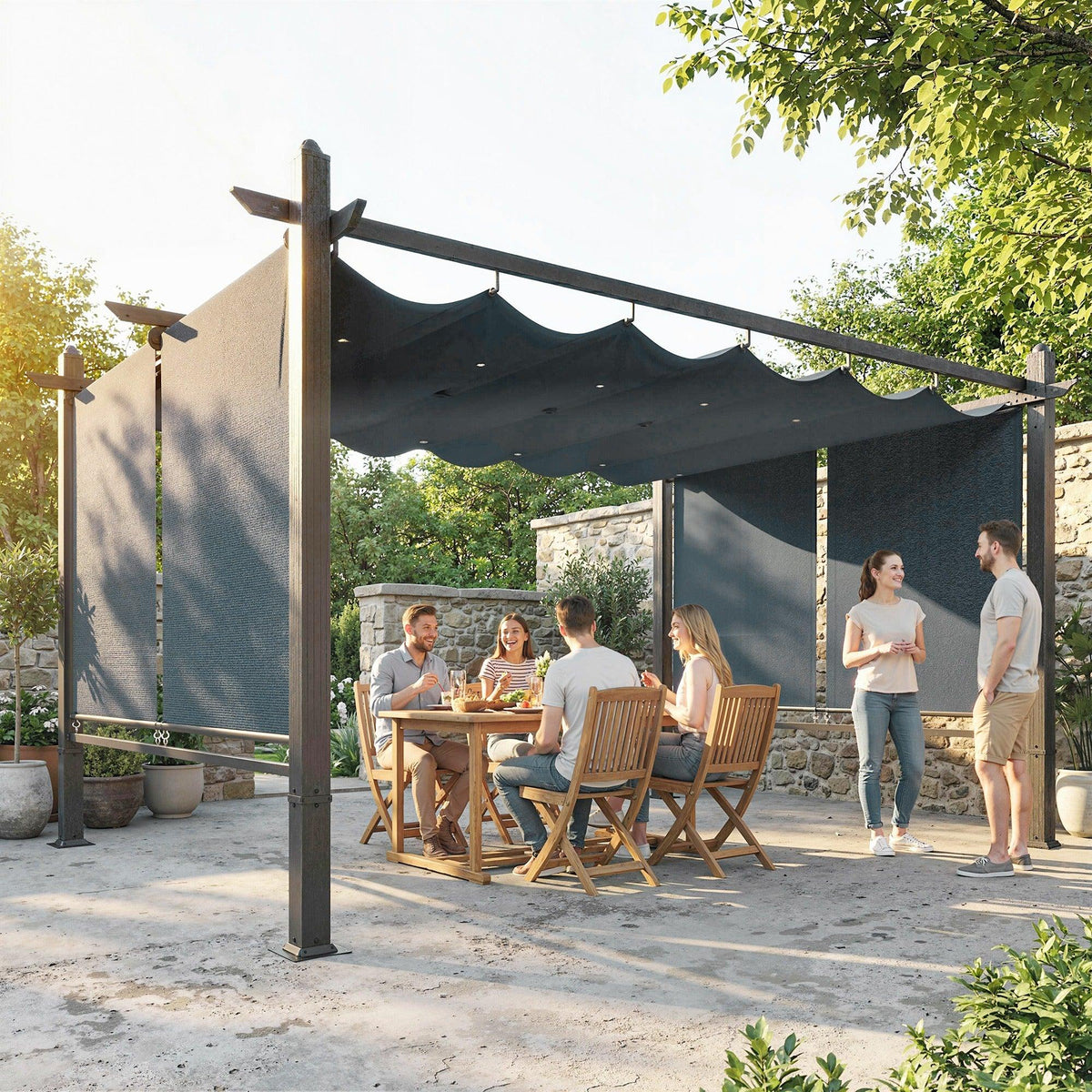 Dark grey outdoor pergola gazebo with retractable canopy over patio seating
