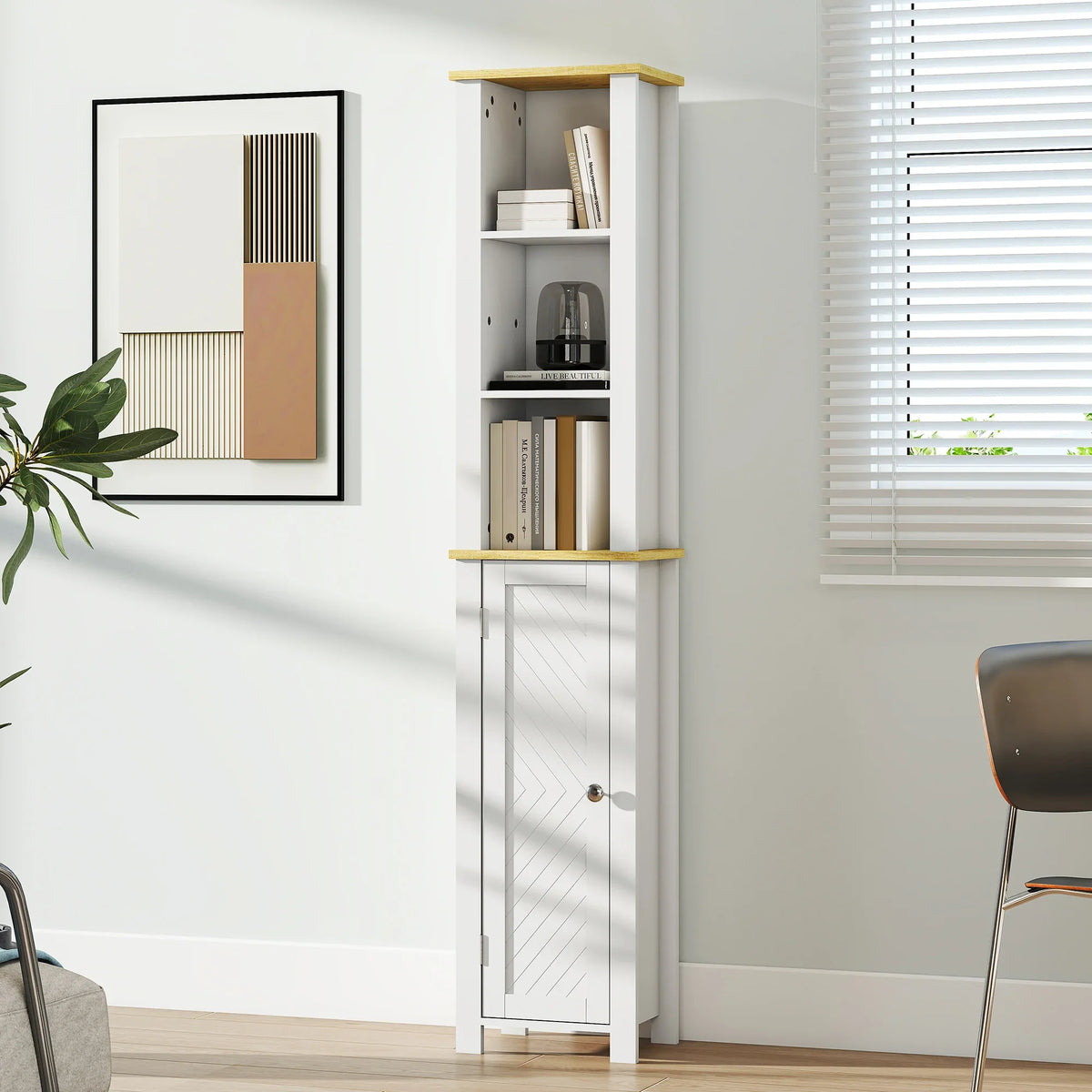 White slim cabinet with three open shelves and a closed bottom door, raised base