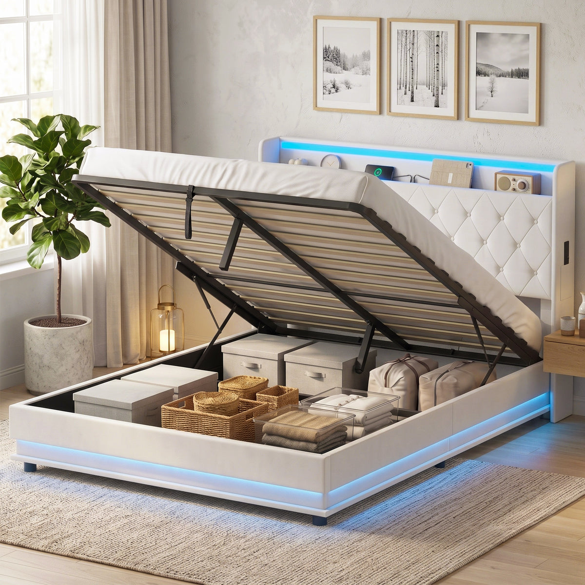 HOMCOM King Bed Frame With Hydraulic Storage Led Charging