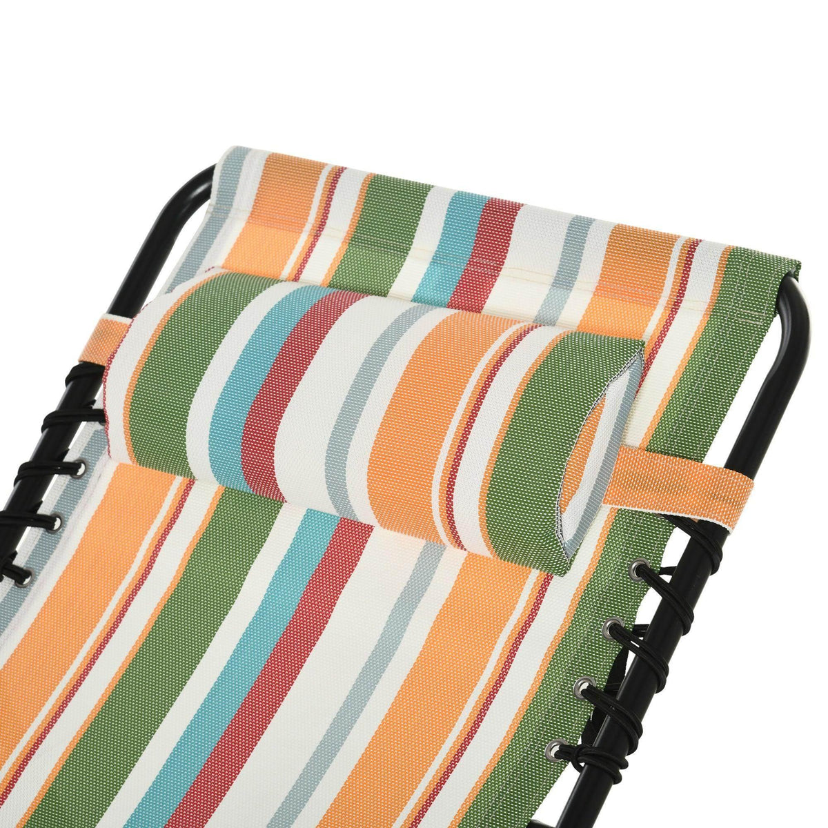 Multicolor striped cushion headrest on black folding chaise lounge frame