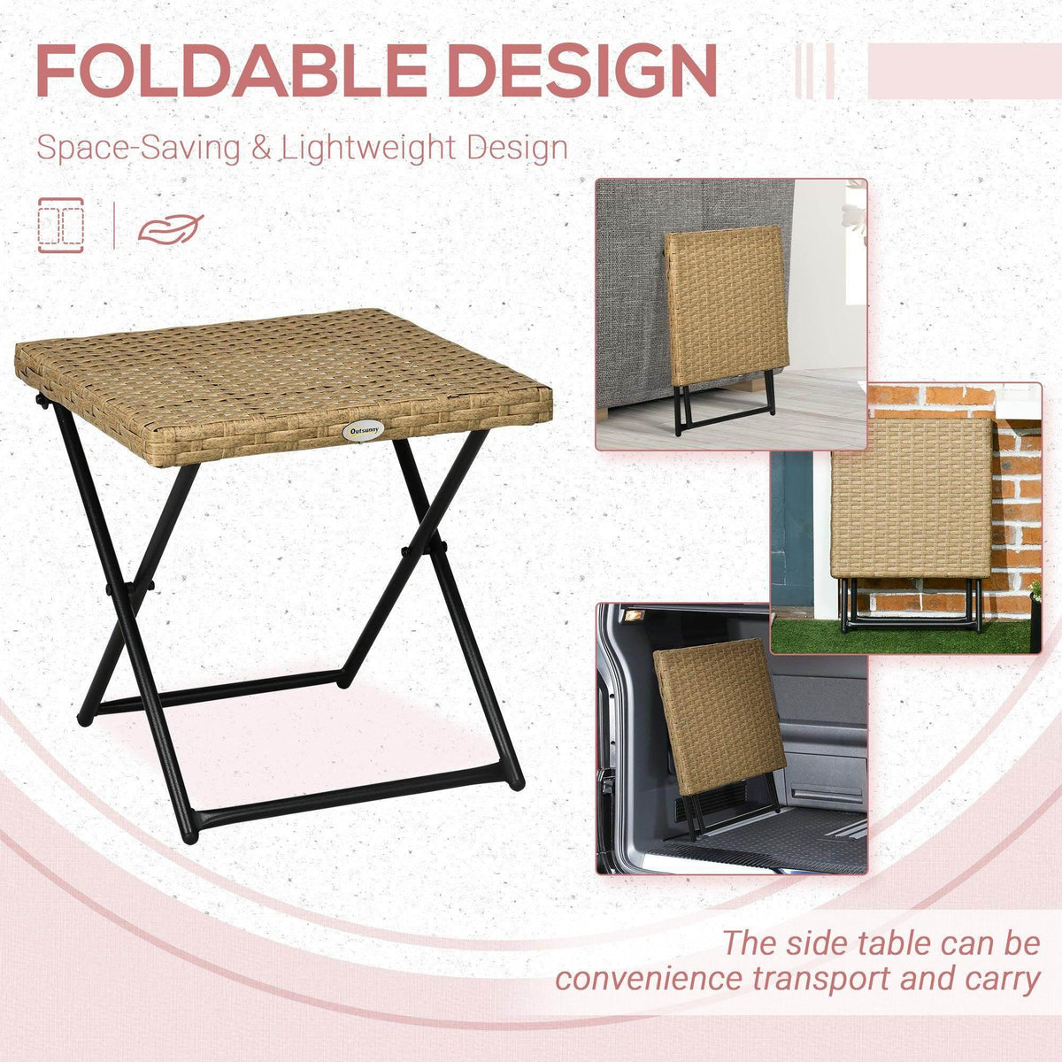 Square rattan folding side table, compact design with black foldable frame