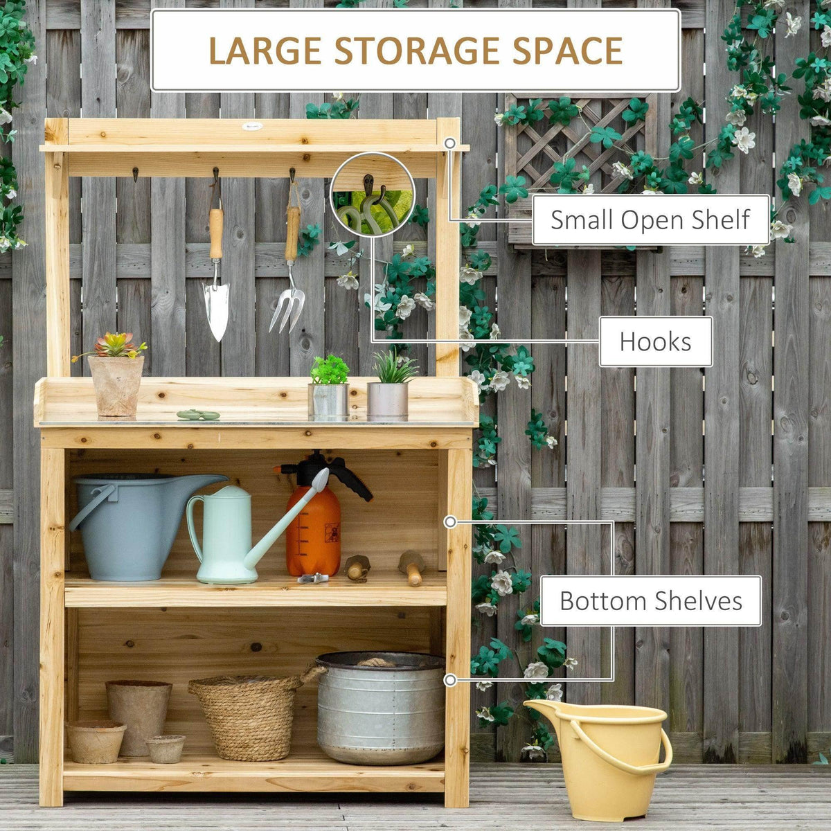 Wooden potting bench with large storage area, hooks, and open shelves for tools