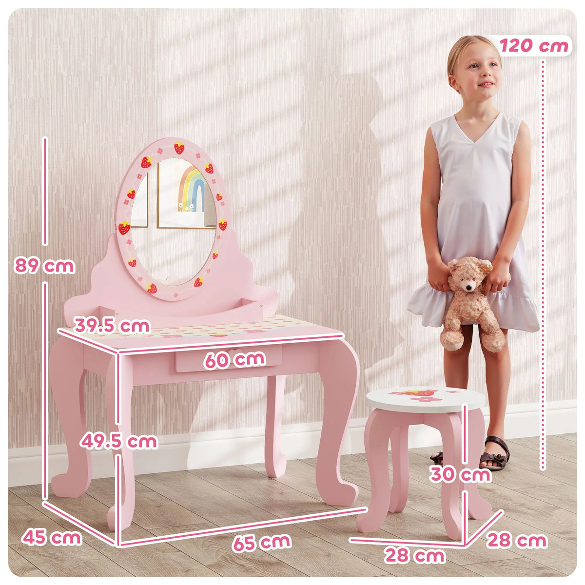 Pink kids dressing table set with oval mirror and stool, size diagram shown