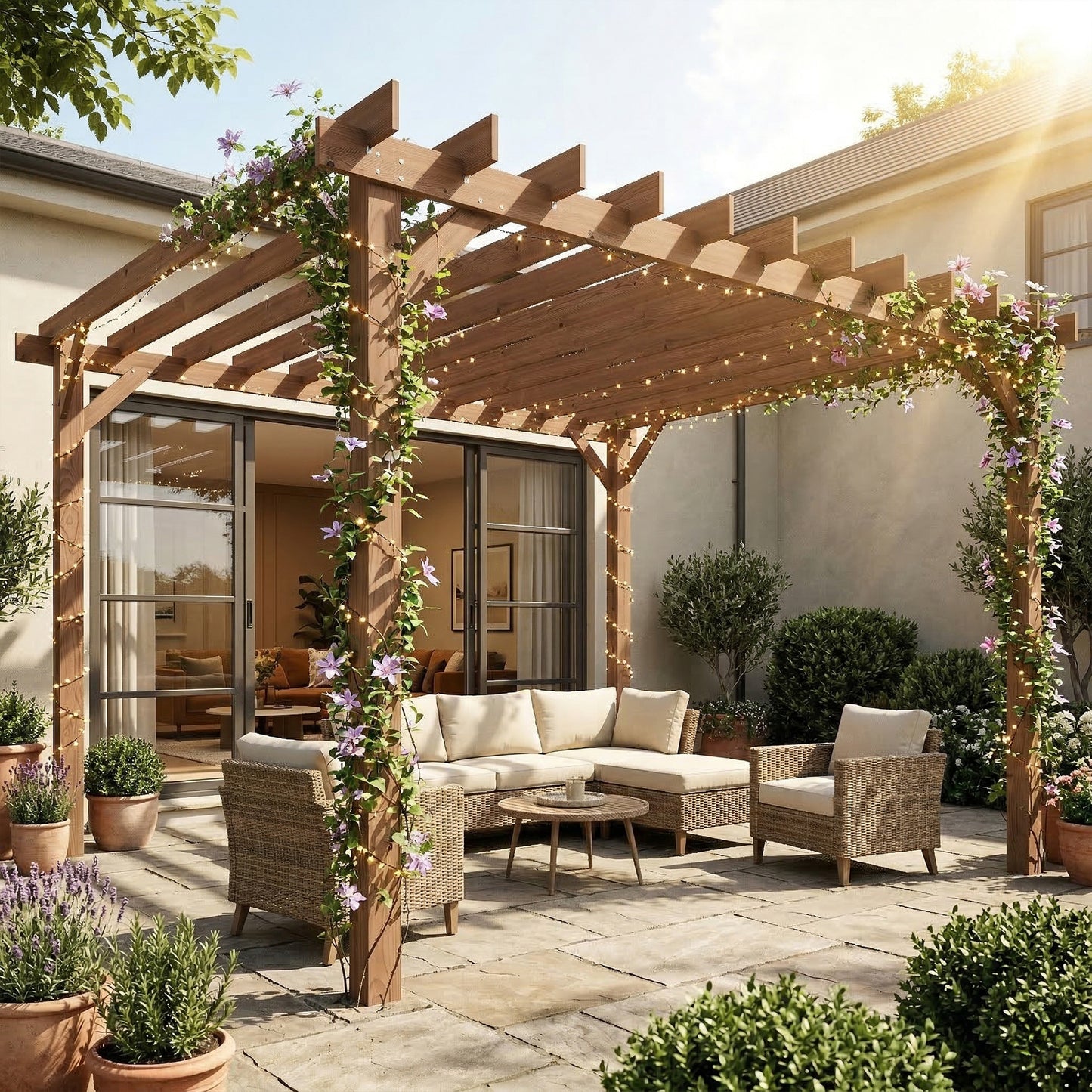 Outsunny 3.6 x 3 m Wooden Pergola Kit Garden Gazebo Grape Trellis With Triangle Supports Maple Wood Effect