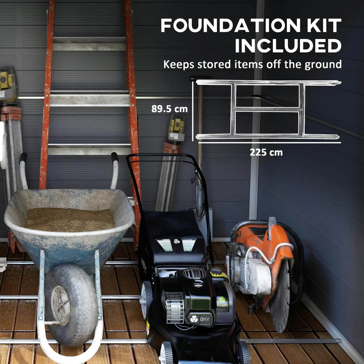Outdoor shed with included foundation kit parts and stored yard equipment