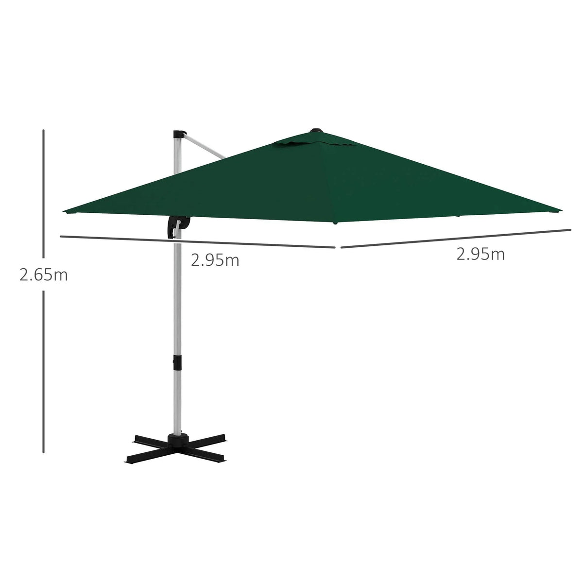 Green cantilever parasol on cross base, crank pole with square canopy