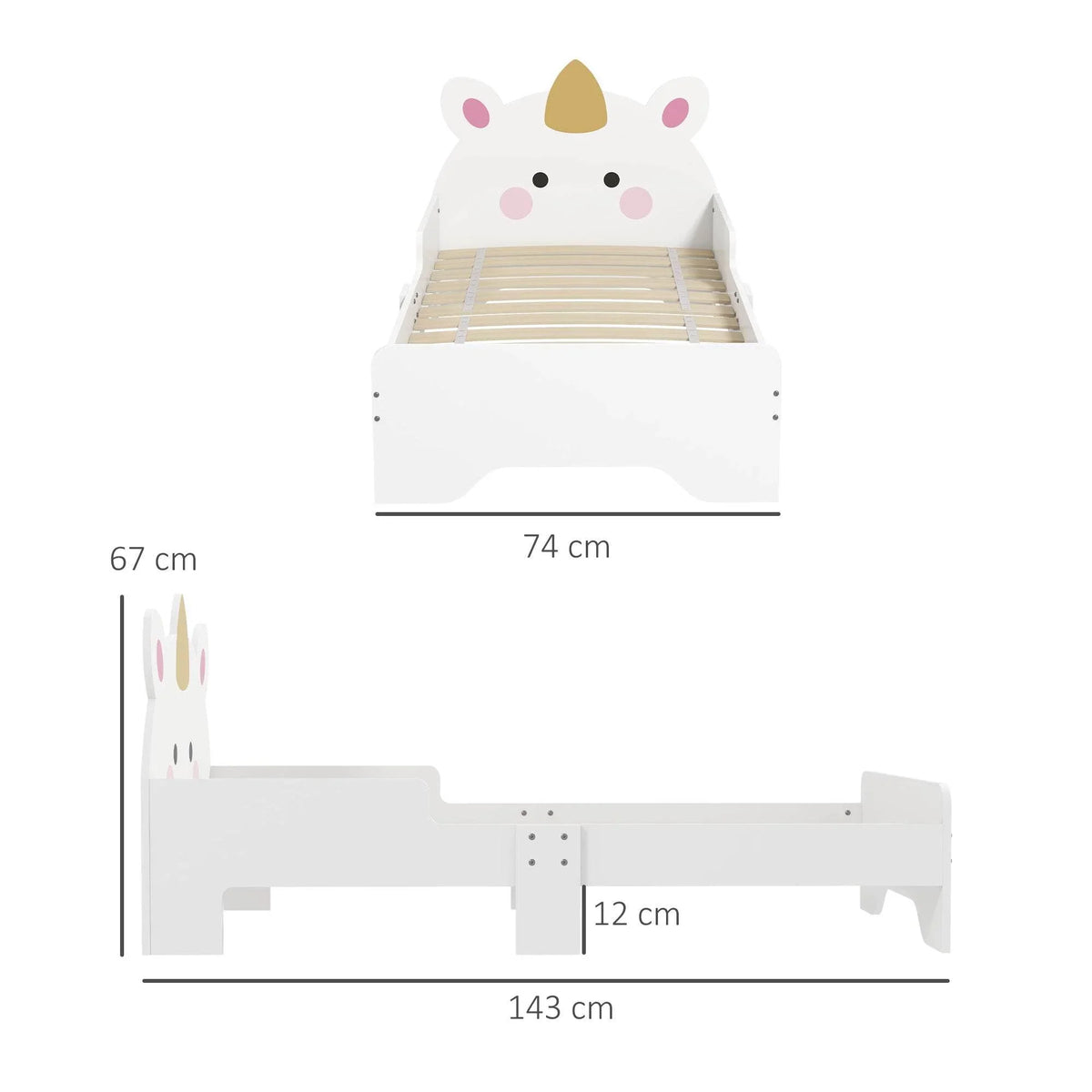 White unicorn toddler bed, front view with horn and ear-shaped headboard