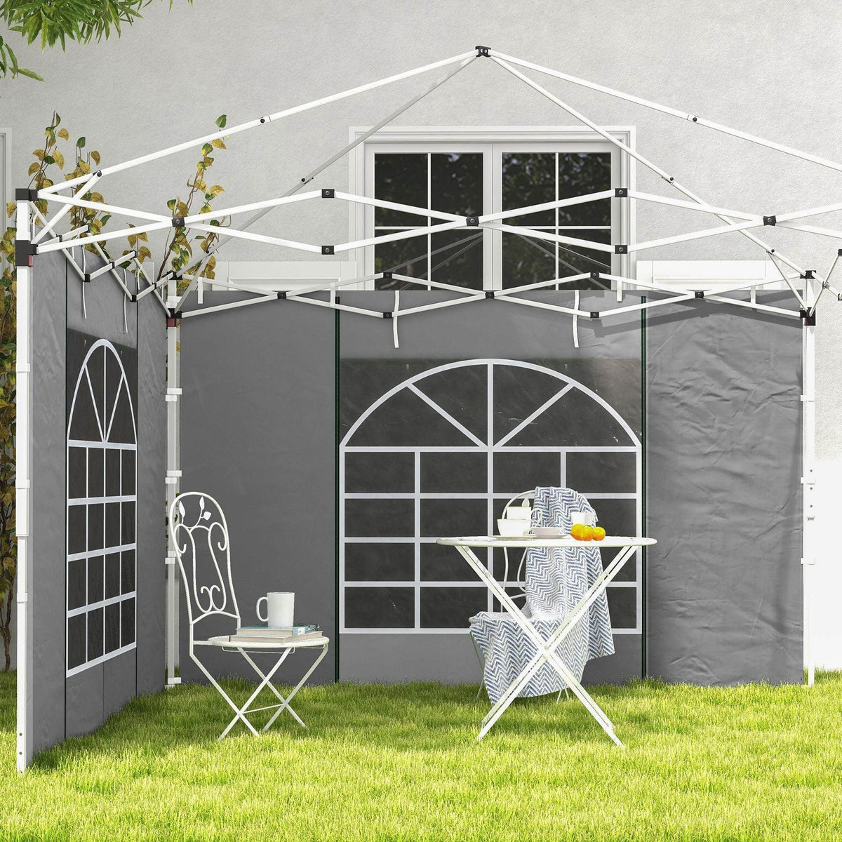 Light grey pop-up gazebo side panels (2-pack) with window grids and door opening for privacy.
