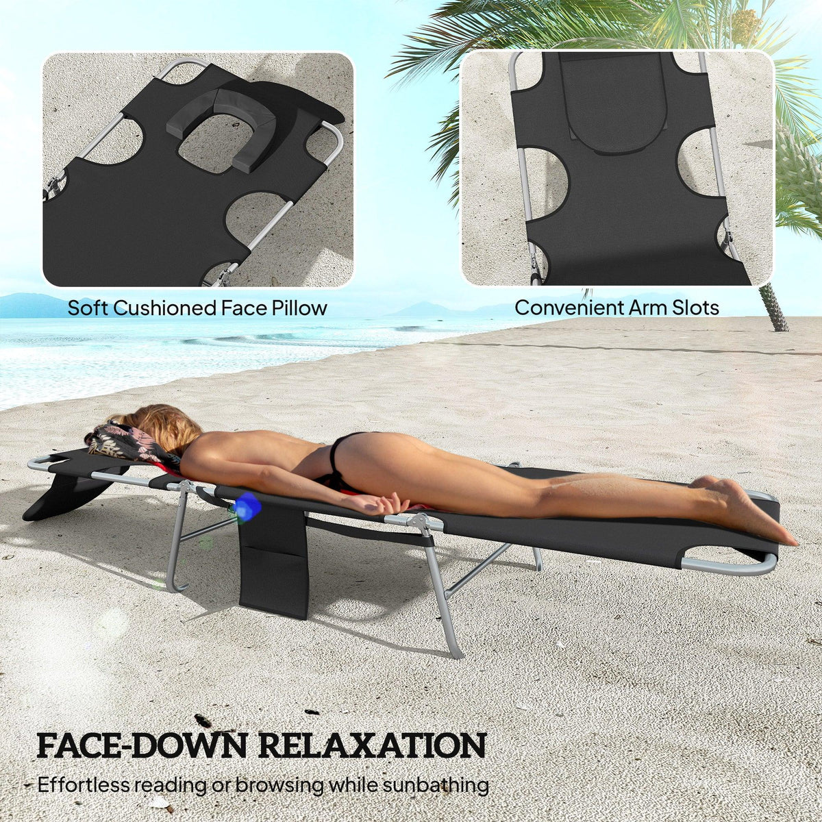 Black sun lounger with soft padded face pillow and arm rests for relaxing on either side