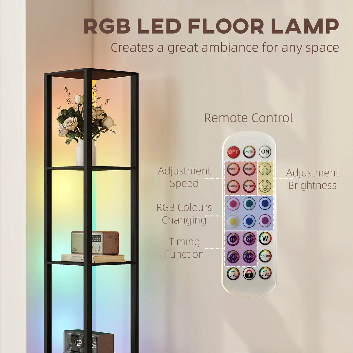 Black RGB LED floor lamp with open shelves and included remote control.