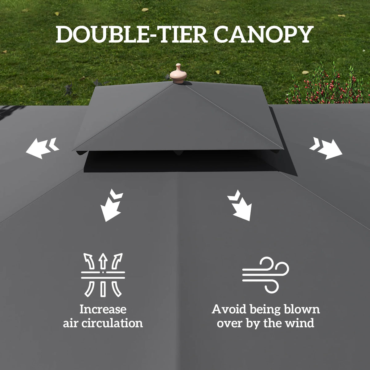 Double-tier square canopy parasol with dark fabric top layer for wind-friendly shade