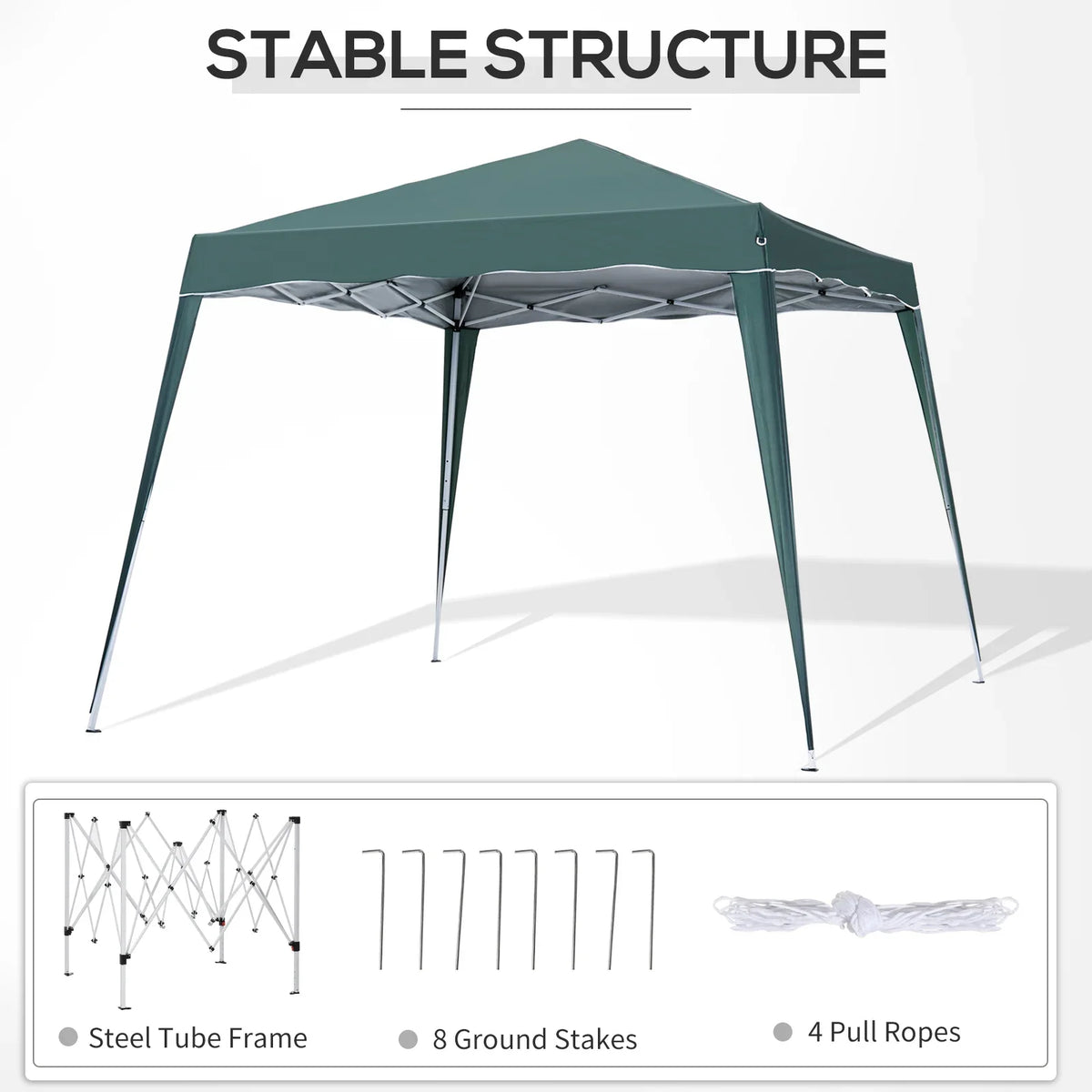 Green pop-up gazebo with steel tube frame, roof canopy and rope tie set