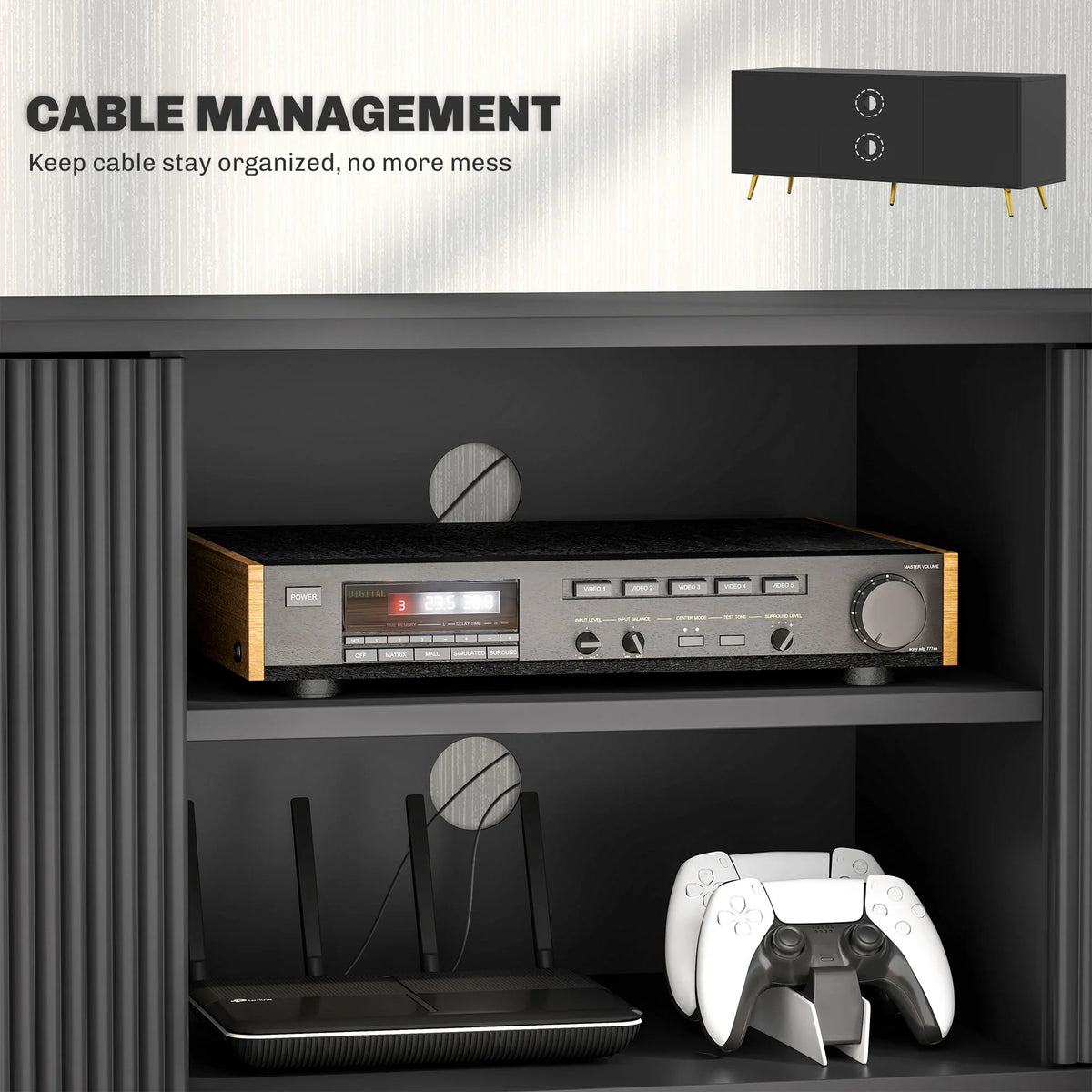 Black TV stand interior with open shelves and electronics, cable management space