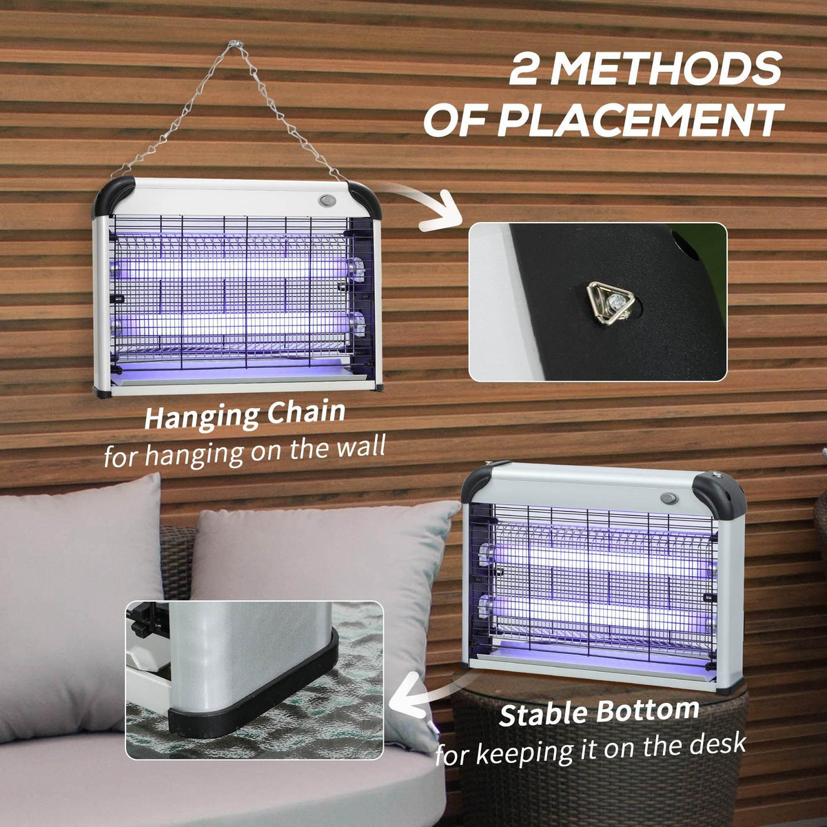 Electric fly zapper with hanging chain and stable bottom feet, silver body and black handles