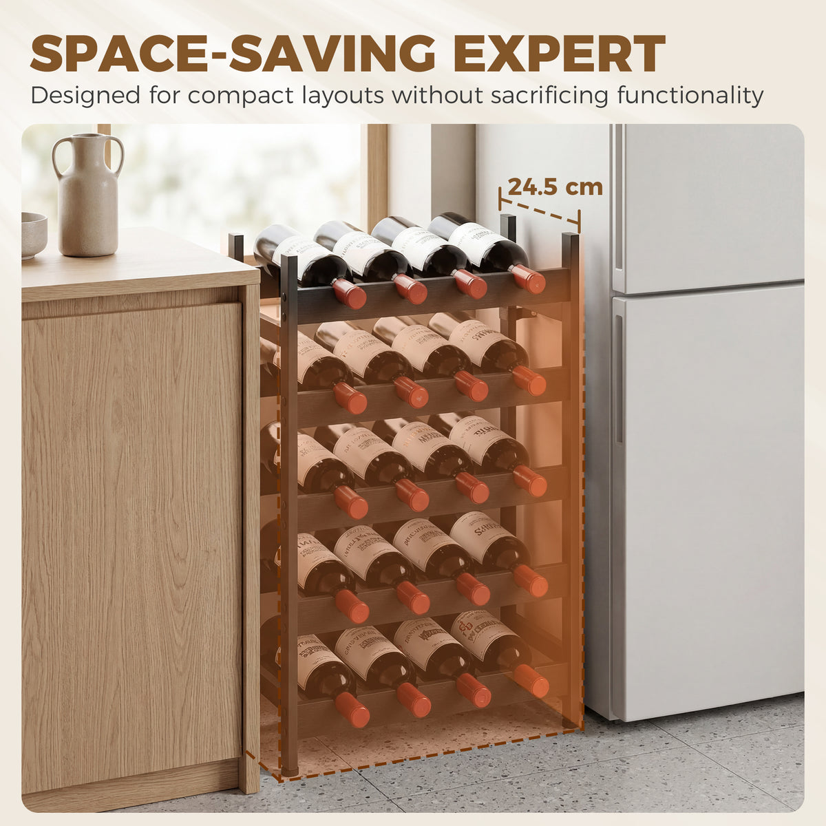 Black steel wine rack cabinet with front access and five rows of bottle slots
