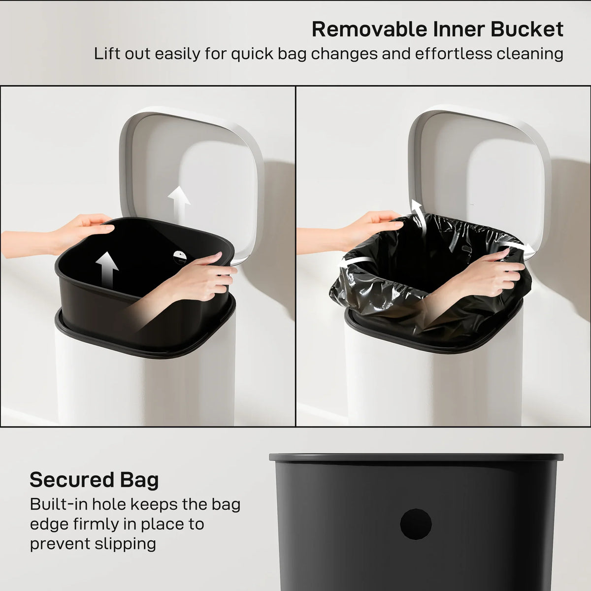Cream trash bin with removable inner bucket and secure bag-fit rim