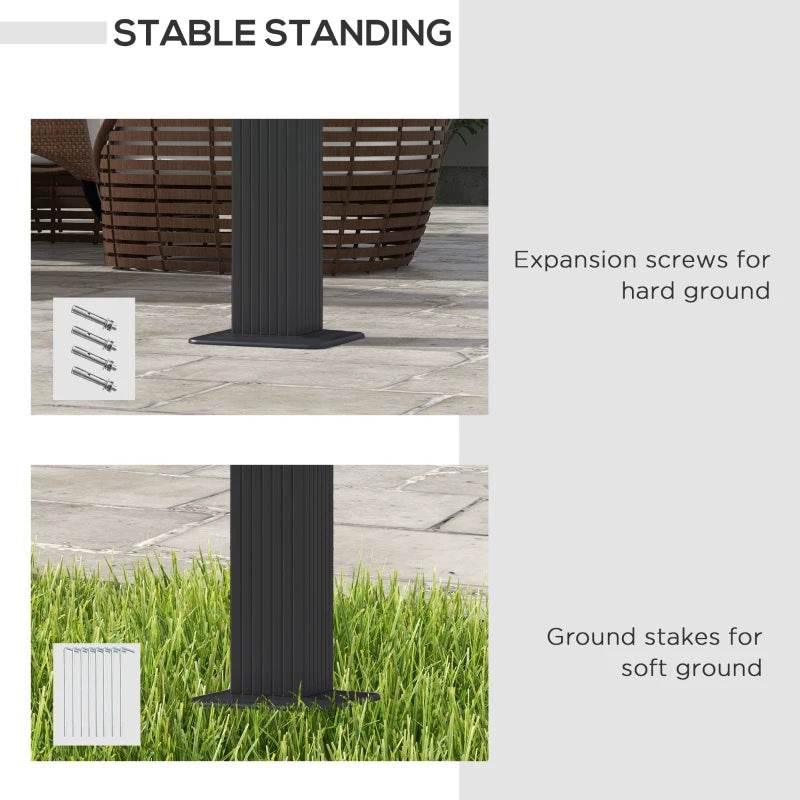 Dark grey pergola base with expansion screws for hard ground and stakes for soft ground